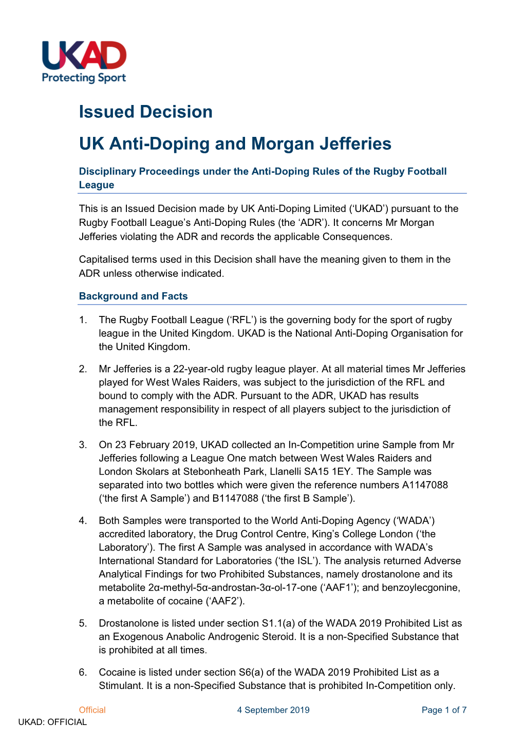 Issued Decision UK Anti-Doping and Morgan Jefferies