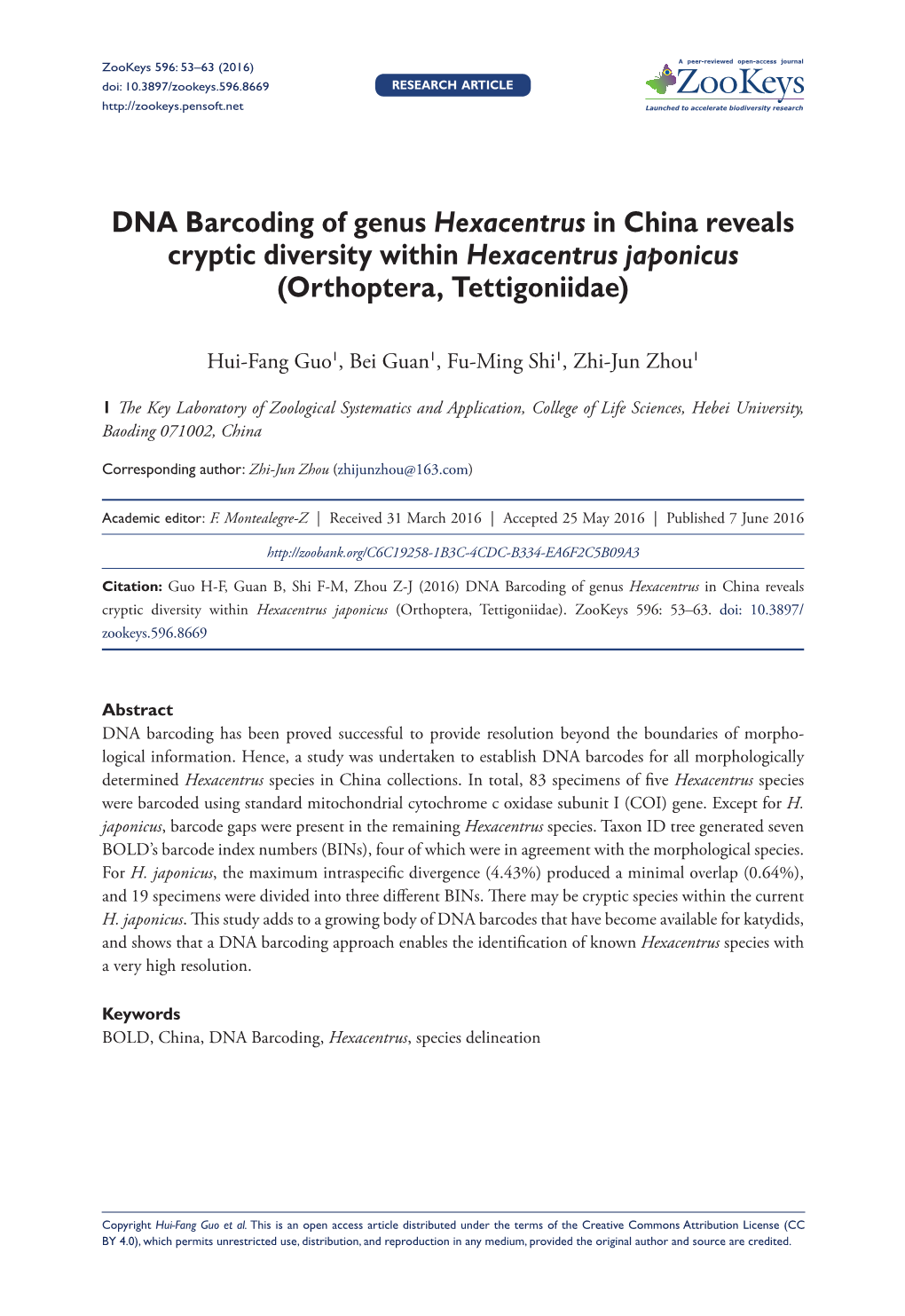 ﻿DNA Barcoding of Genus Hexacentrus in China Reveals Cryptic Diversity Within Hexacentrus Japonicus (Orthoptera, Tettigoniidae