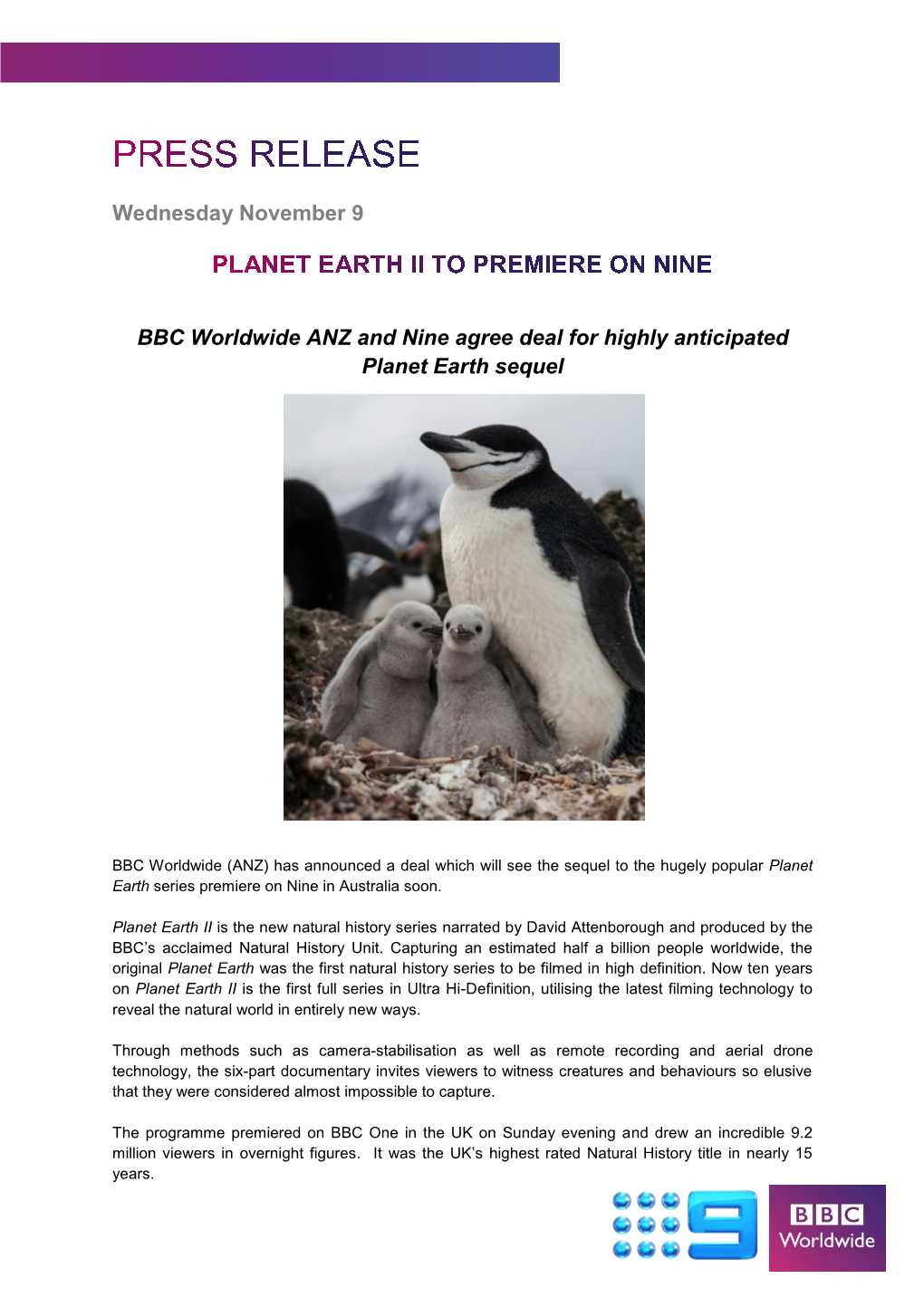 Wednesday November 9 BBC Worldwide ANZ and Nine Agree Deal for Highly Anticipated Planet Earth Sequel