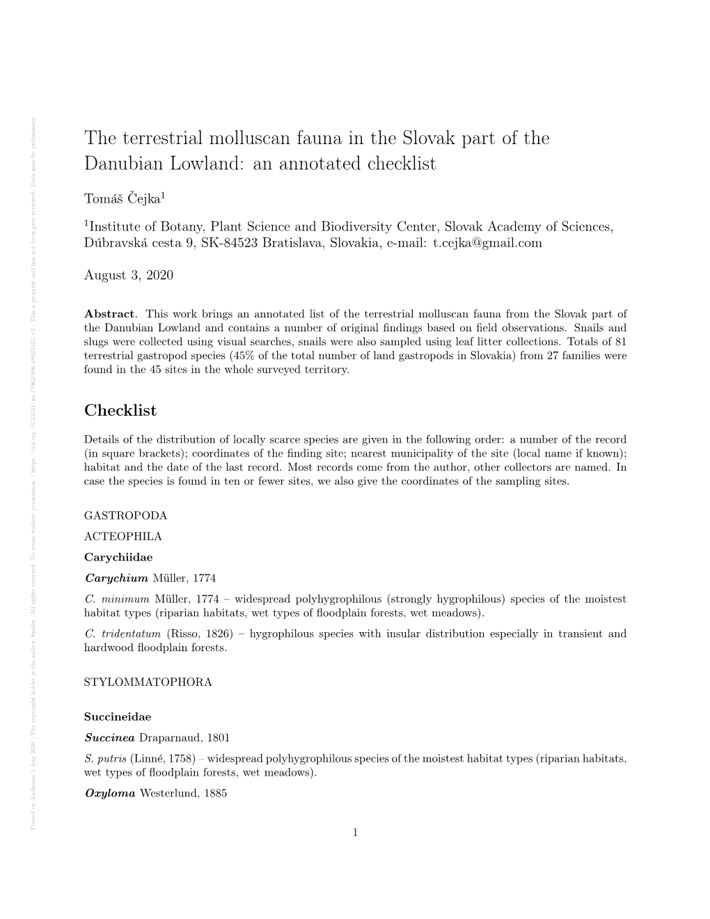 The Terrestrial Molluscan Fauna in the Slovak Part of the Danubian Lowland