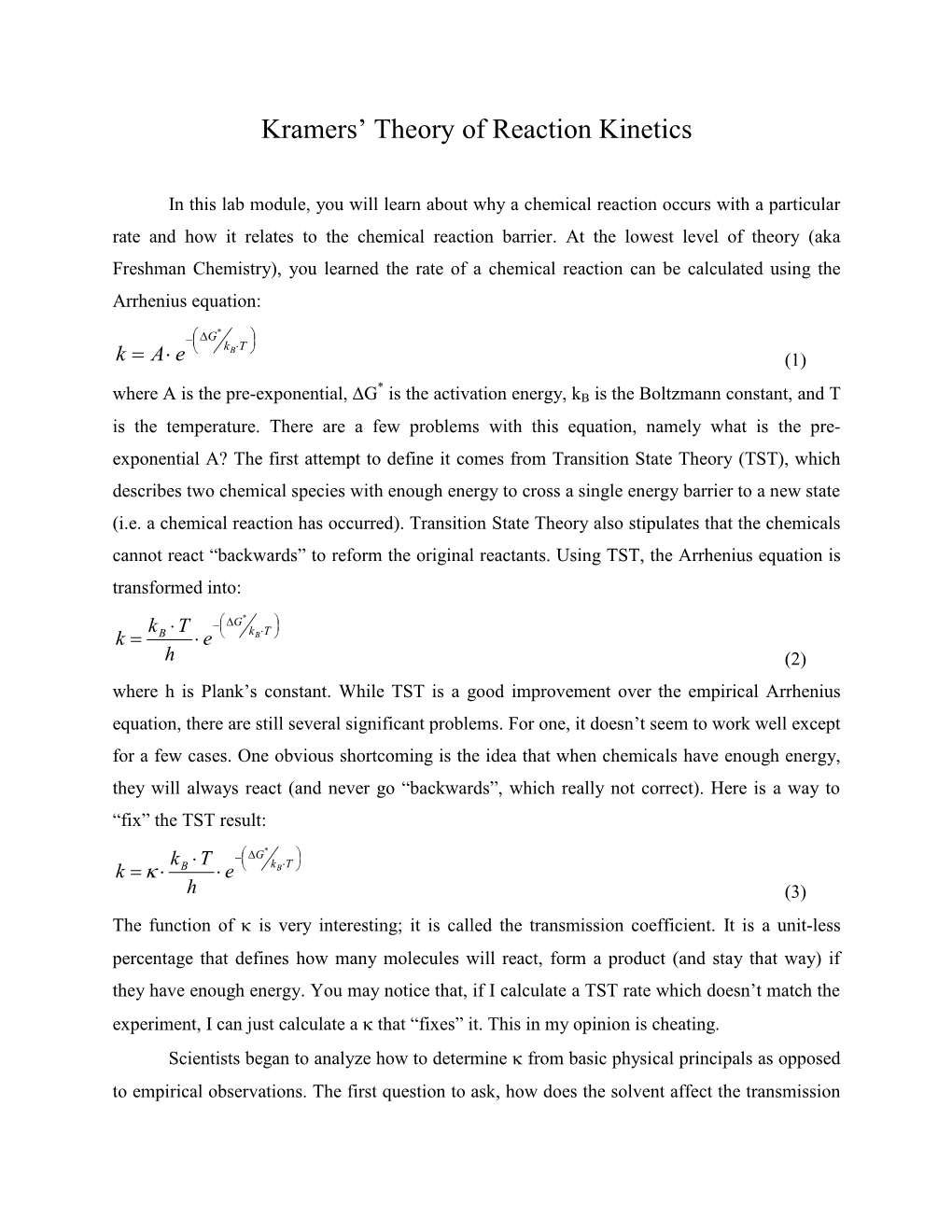 Kramers' Theory of Reaction Kinetics