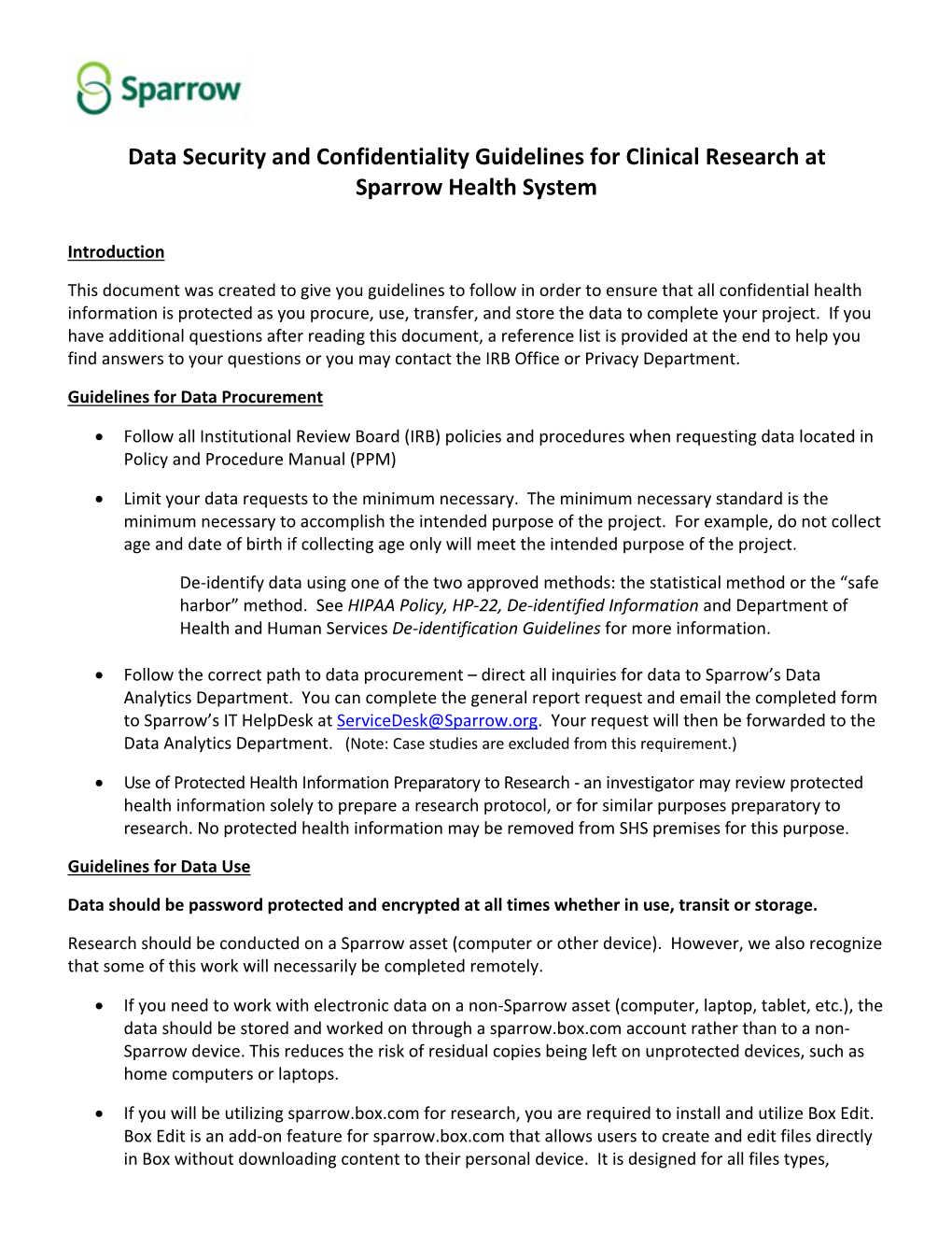 Data Security and Confidentiality Guidelines for Clinical Research at Sparrow Health System