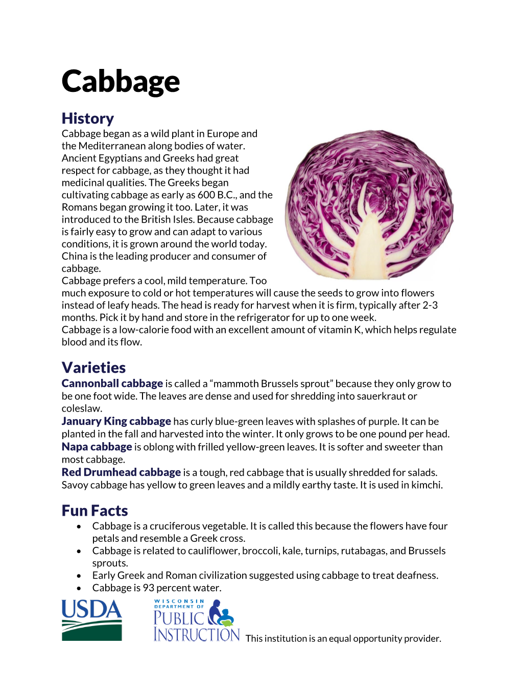 Cabbage History Cabbage Began As a Wild Plant in Europe and the Mediterranean Along Bodies of Water