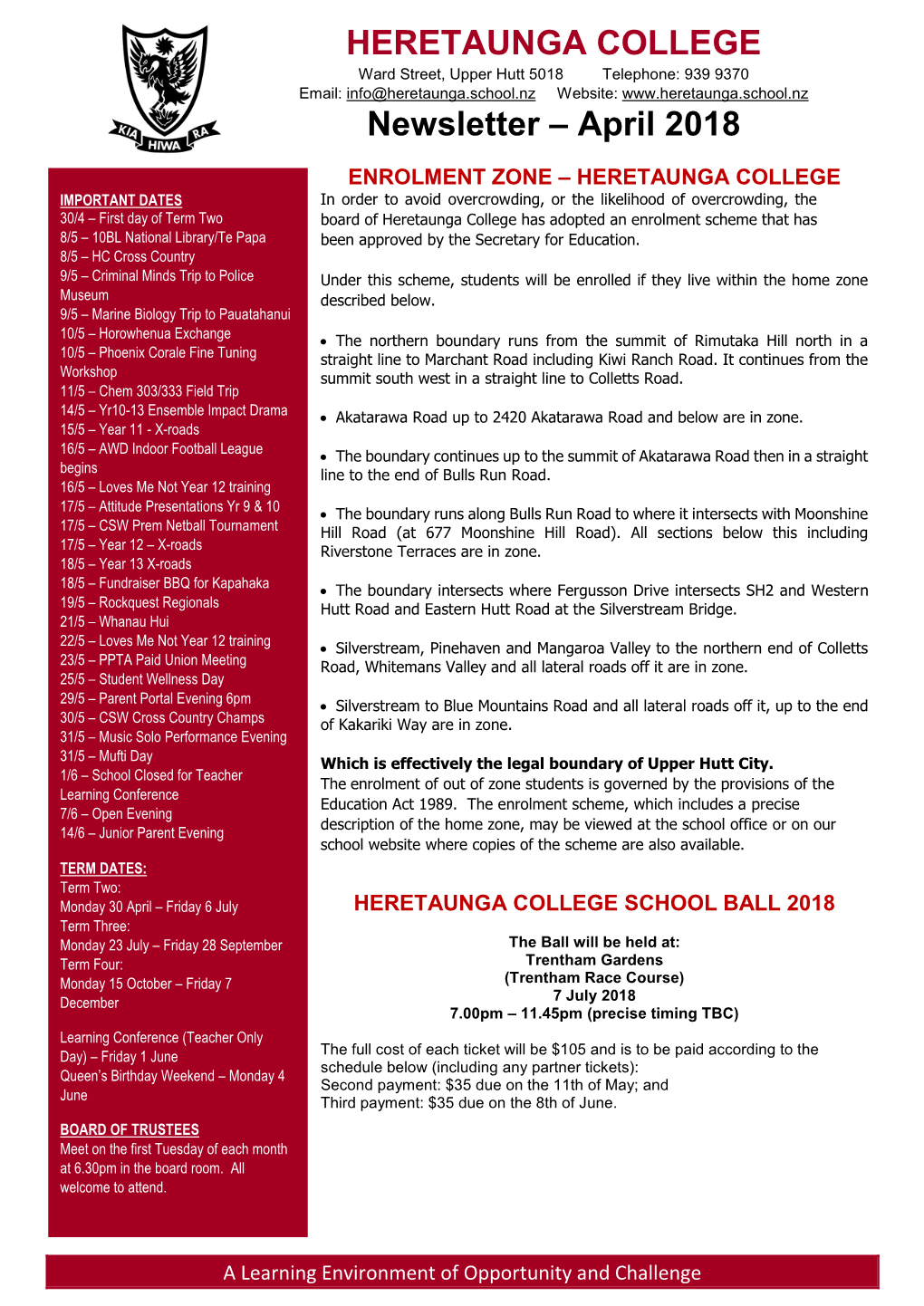 HERETAUNGA COLLEGE Newsletter – April 2018