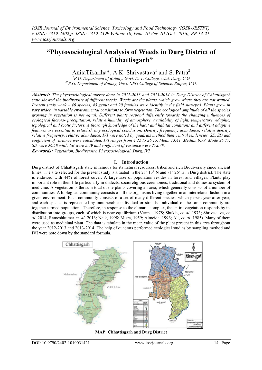 “Phytosociological Analysis of Weeds in Durg District of Chhattisgarh”