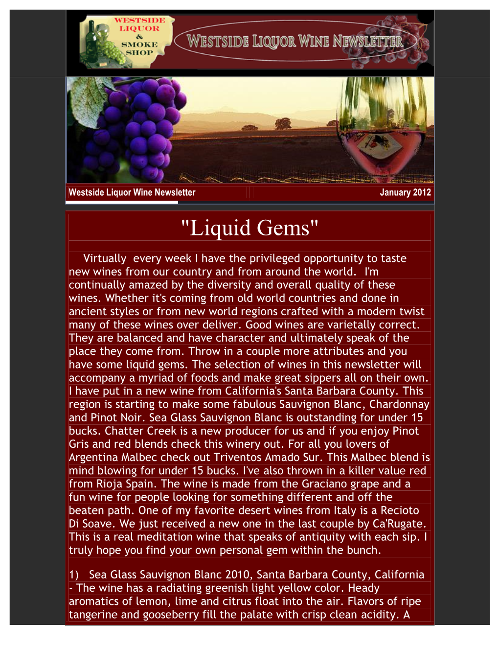 Westside Liquor Wine Newsletter January 2012