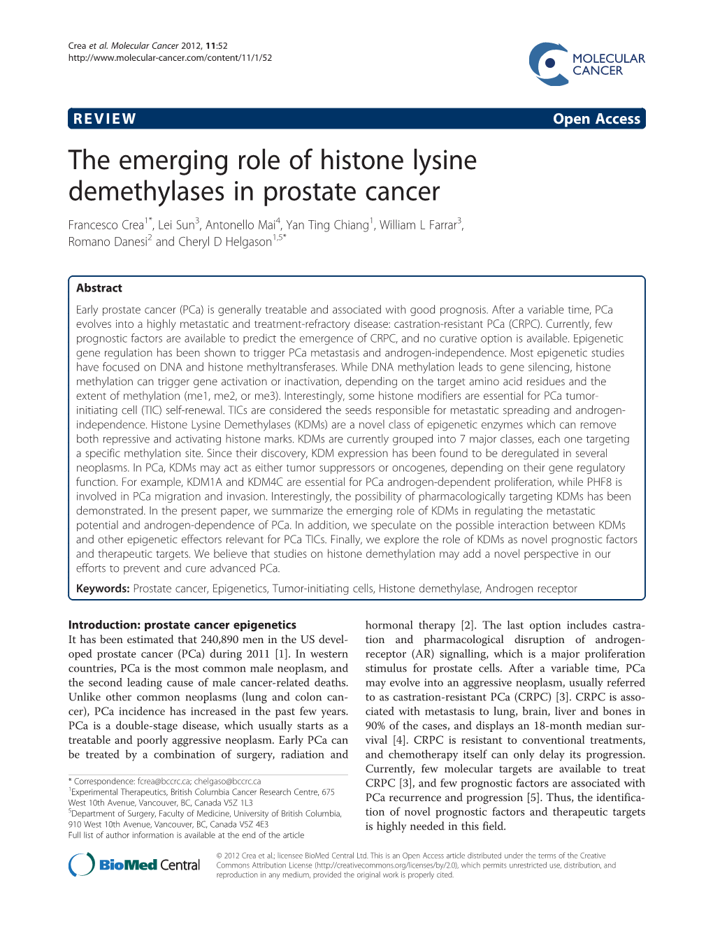 The Emerging Role of Histone Lysine Demethylases in Prostate Cancer