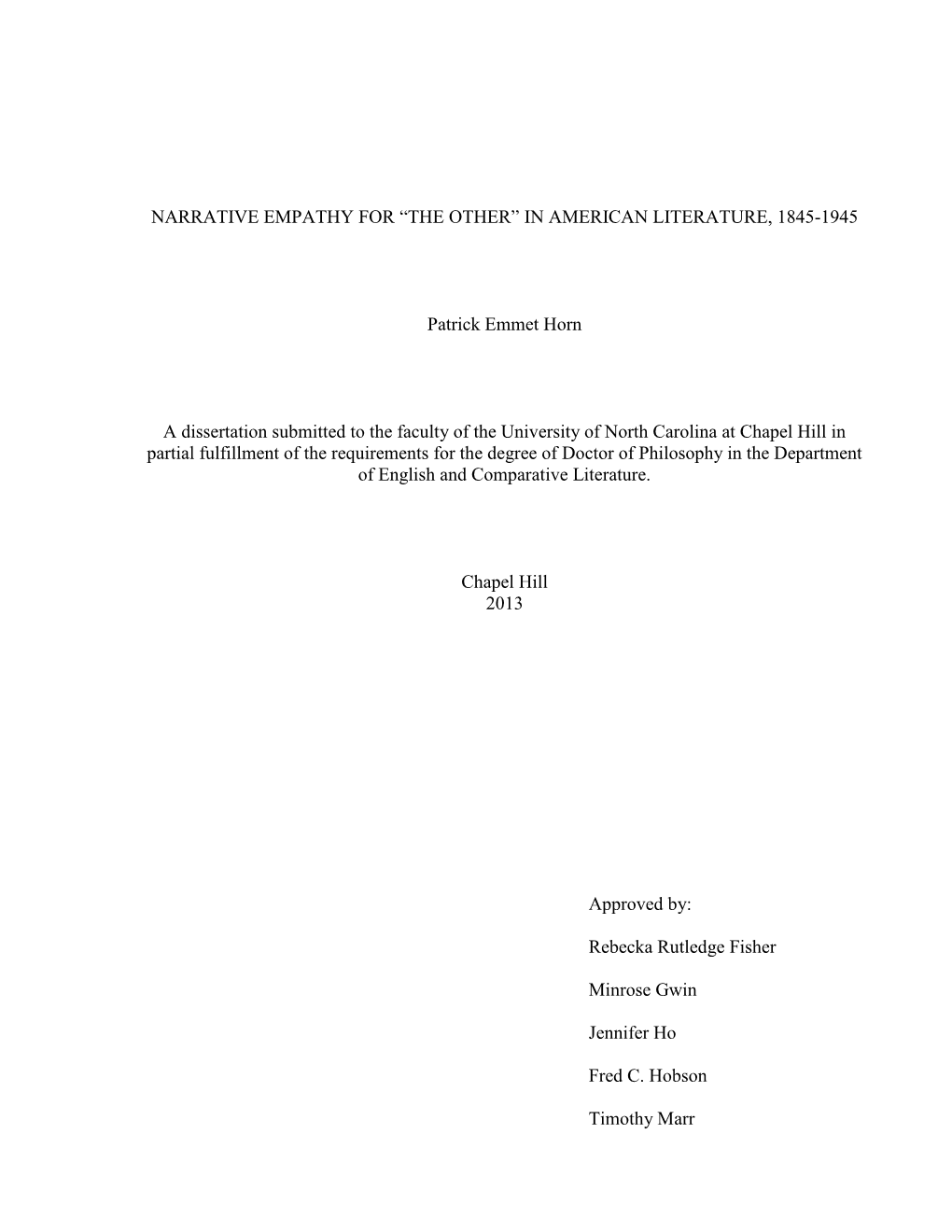 Narrative Empathy for “The Other” in American Literature, 1845-1945