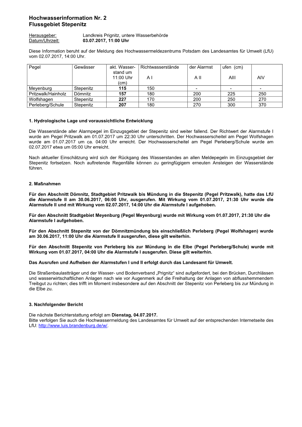 Hochwasserinformation Nr. 2 Flussgebiet Stepenitz