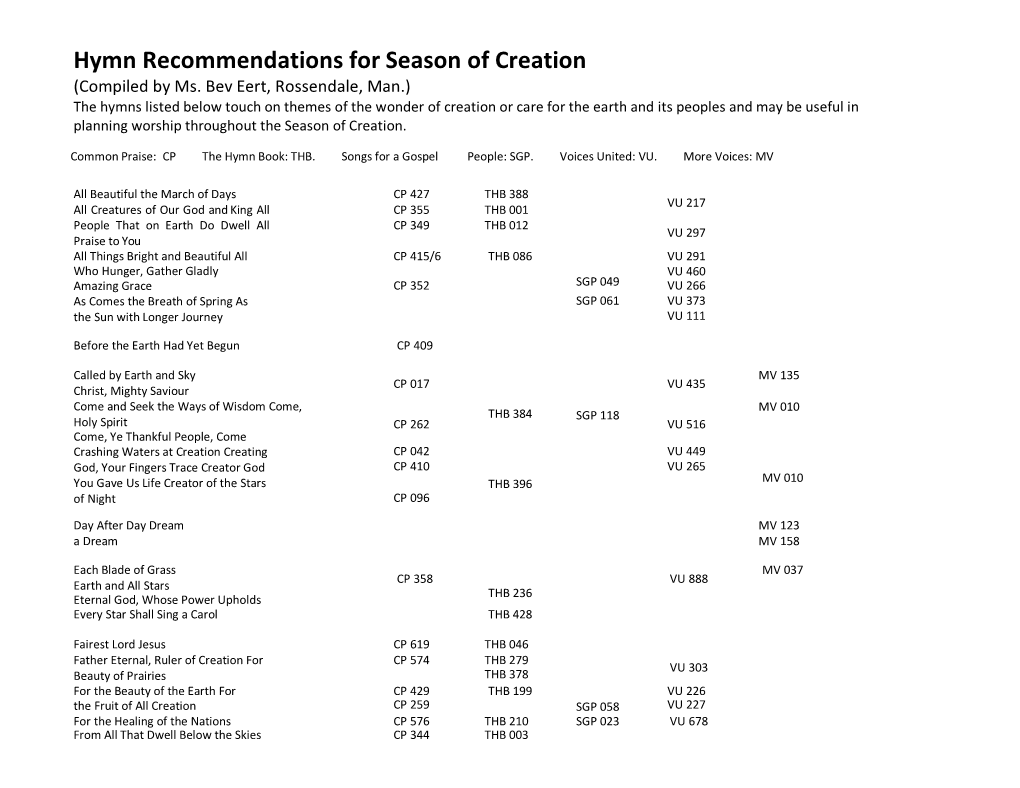 Hymn Recommendations for Season of Creation (Compiled by Ms