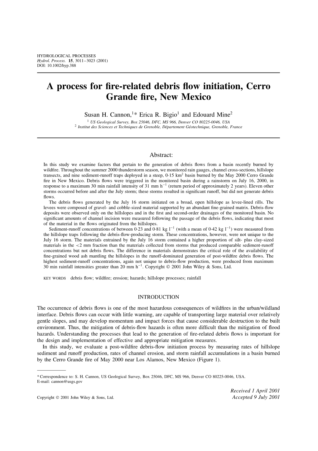 A Process for Fire-Related Debris Flow Initiation, Cerro Grande Fire, New