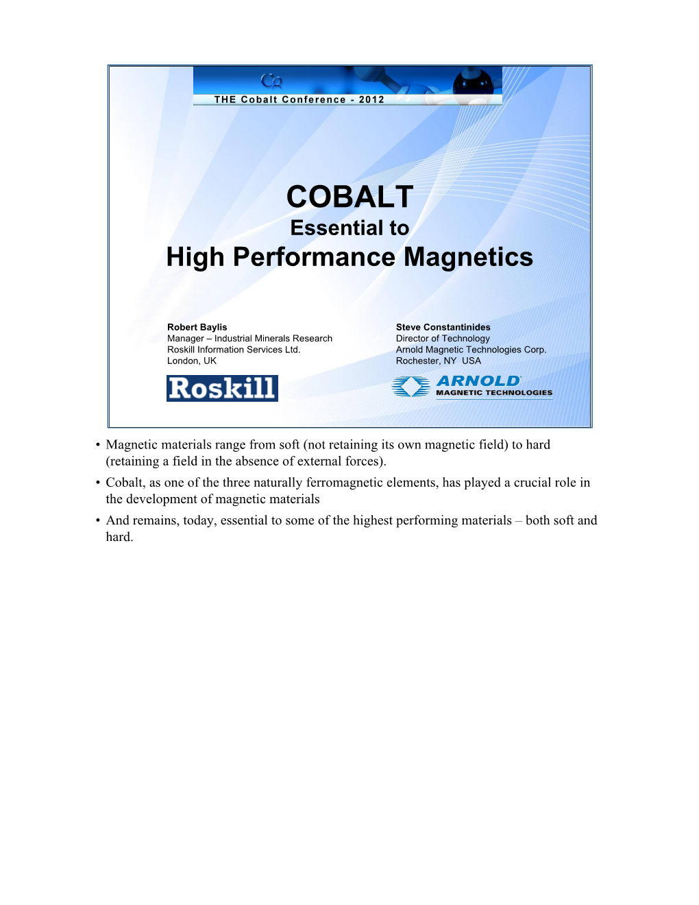 Cobalt – Essential to High Performance Magnetics