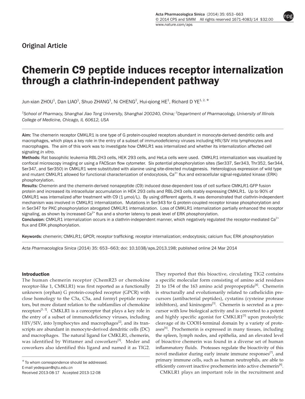 Chemerin C9 Peptide Induces Receptor Internalization Through a Clathrin-Independent Pathway