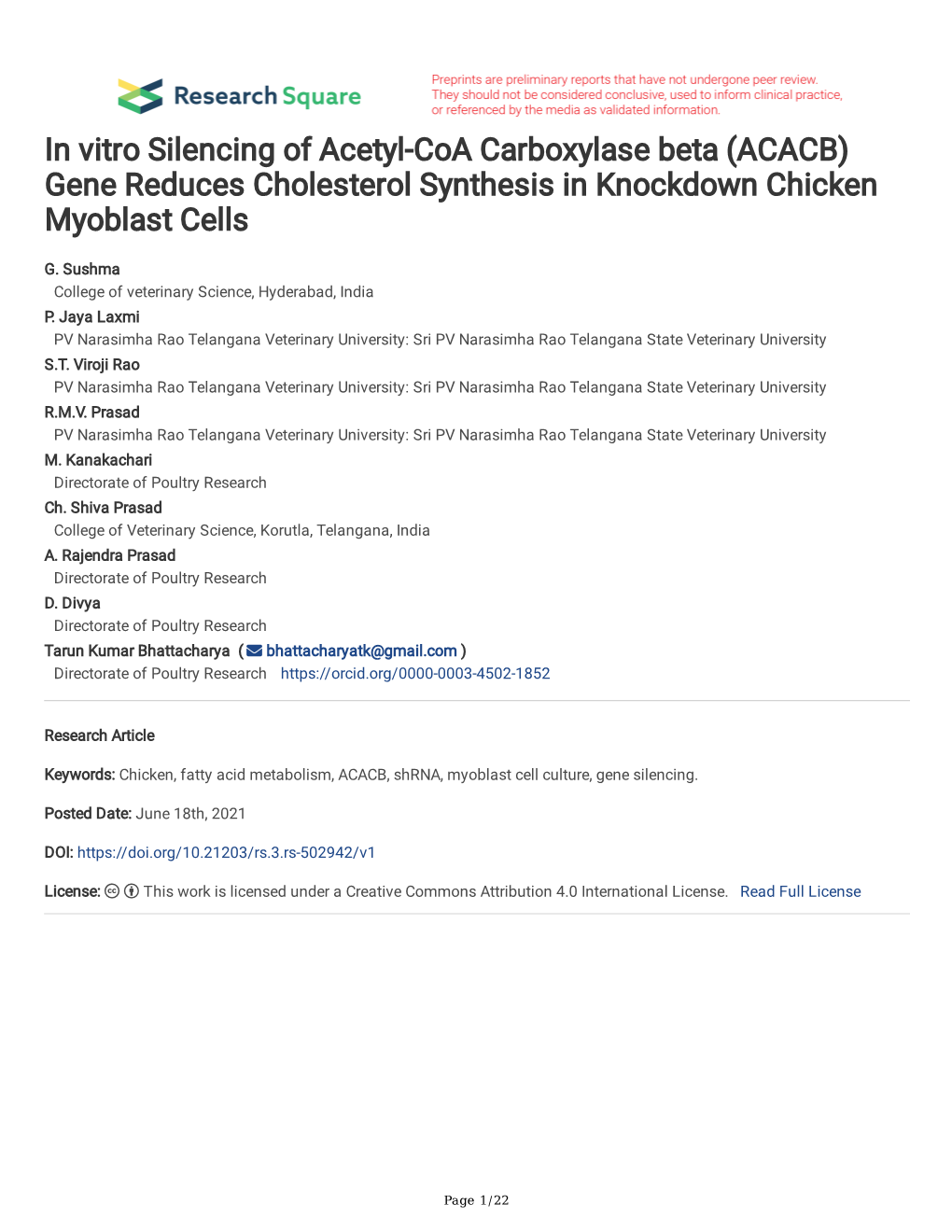 In Vitro Silencing of Acetyl-Coa Carboxylase Beta (ACACB) Gene Reduces Cholesterol Synthesis in Knockdown Chicken Myoblast Cells
