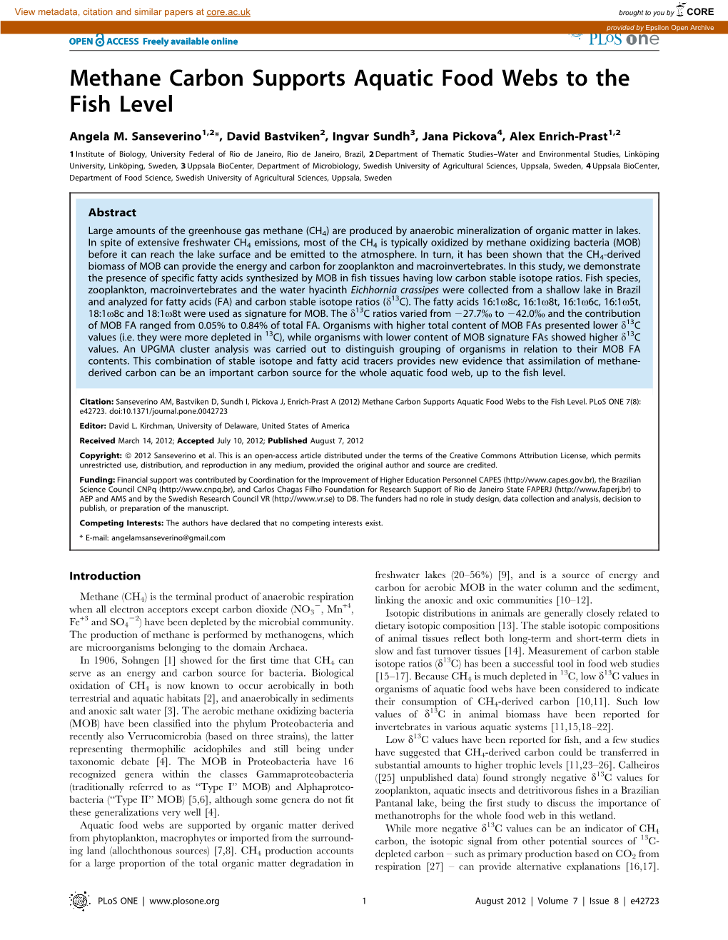 Methane Carbon Supports Aquatic Food Webs to the Fish Level