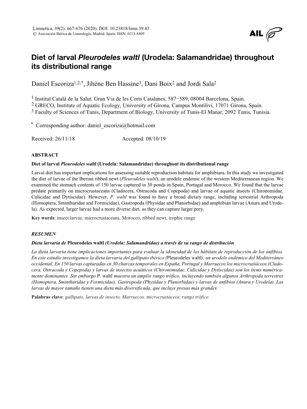 Diet of Larval Pleurodeles Waltl (Urodela: Salamandridae) Throughout Its Distributional Range