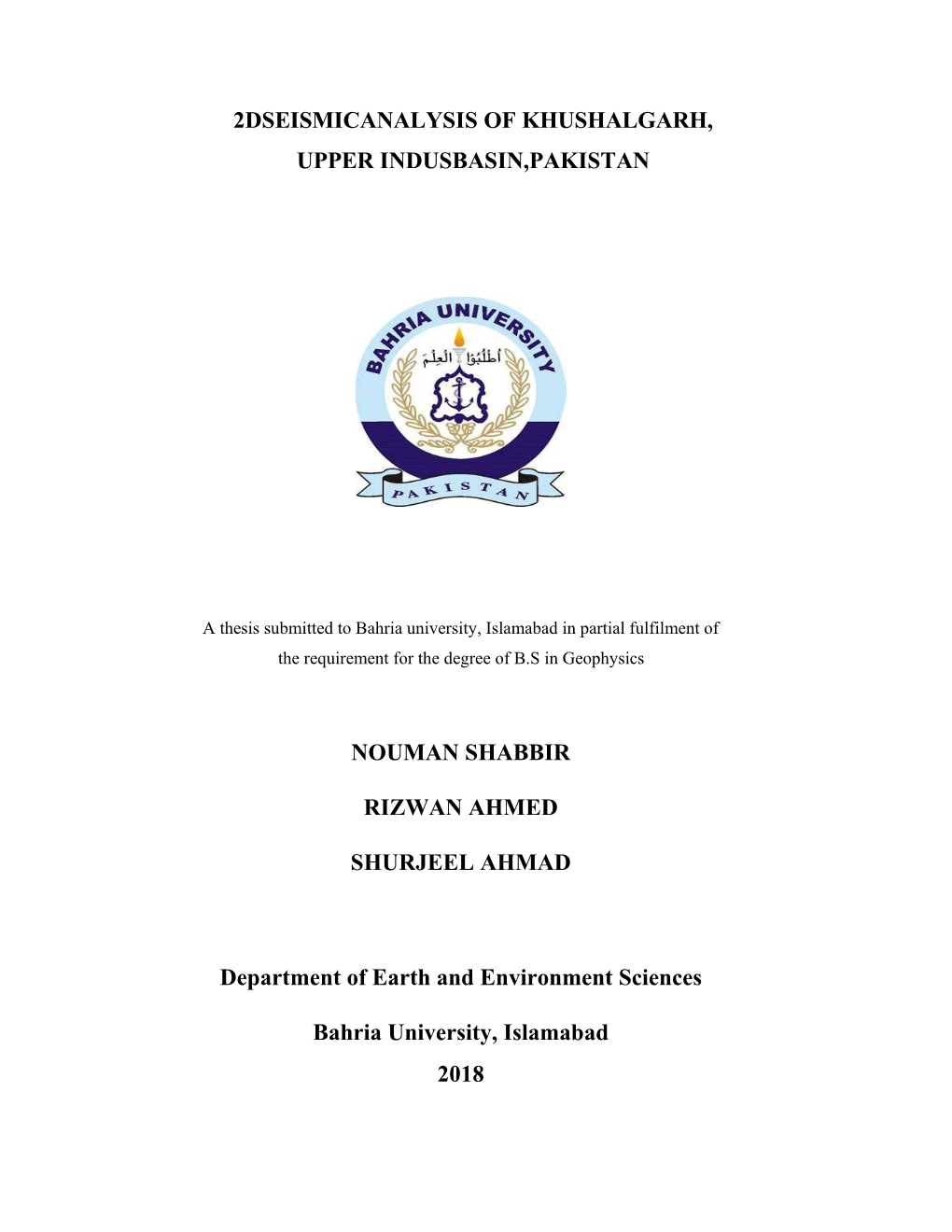 2Dseismicanalysis of Khushalgarh, Upper Indusbasin,Pakistan