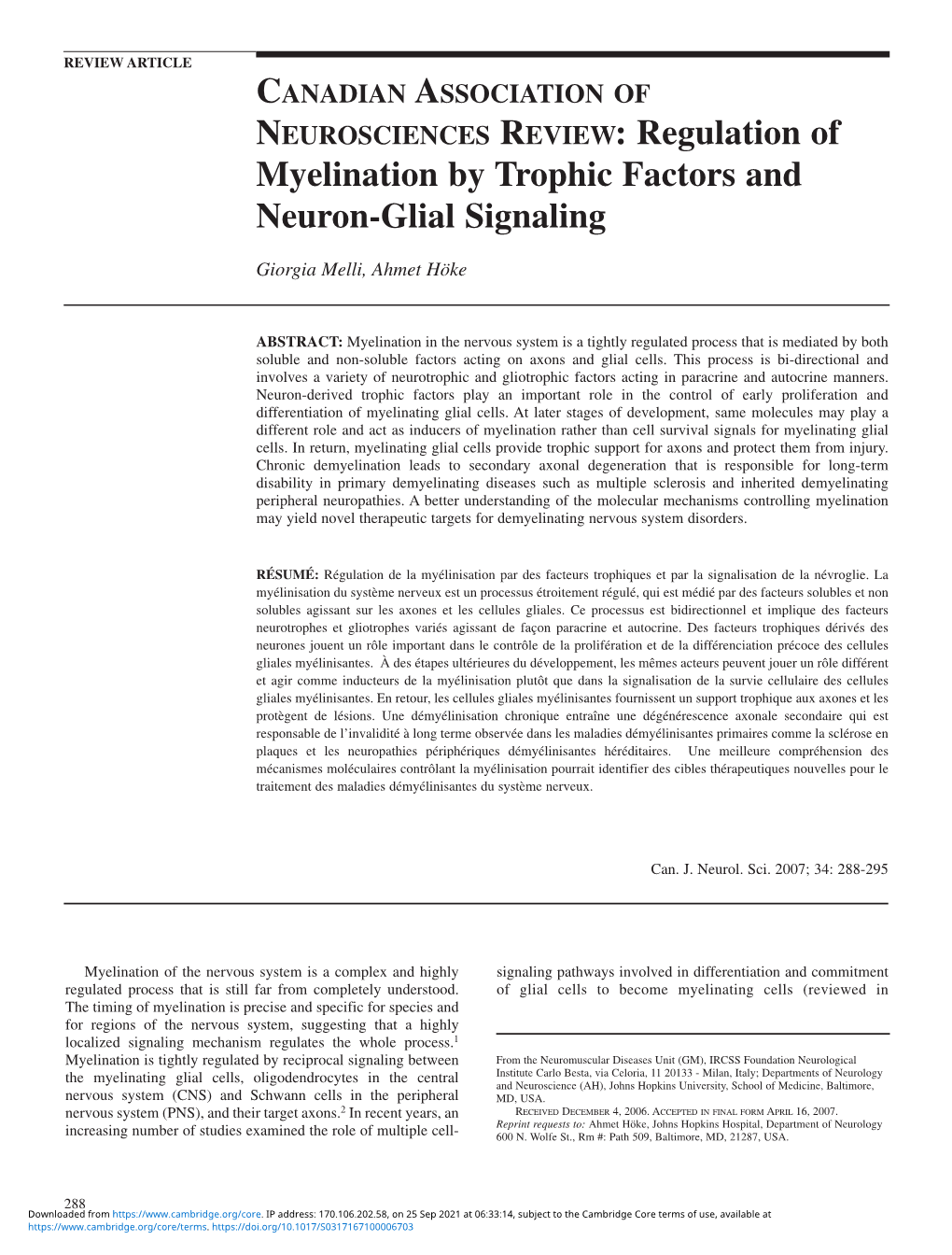 NEUROSCIENCES REVIEW: Regulation of Myelination by Trophic Factors and Neuron-Glial Signaling