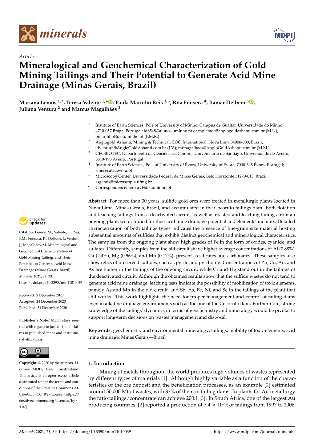 Mineralogical and Geochemical Characterization of Gold Mining Tailings and Their Potential to Generate Acid Mine Drainage (Minas Gerais, Brazil)