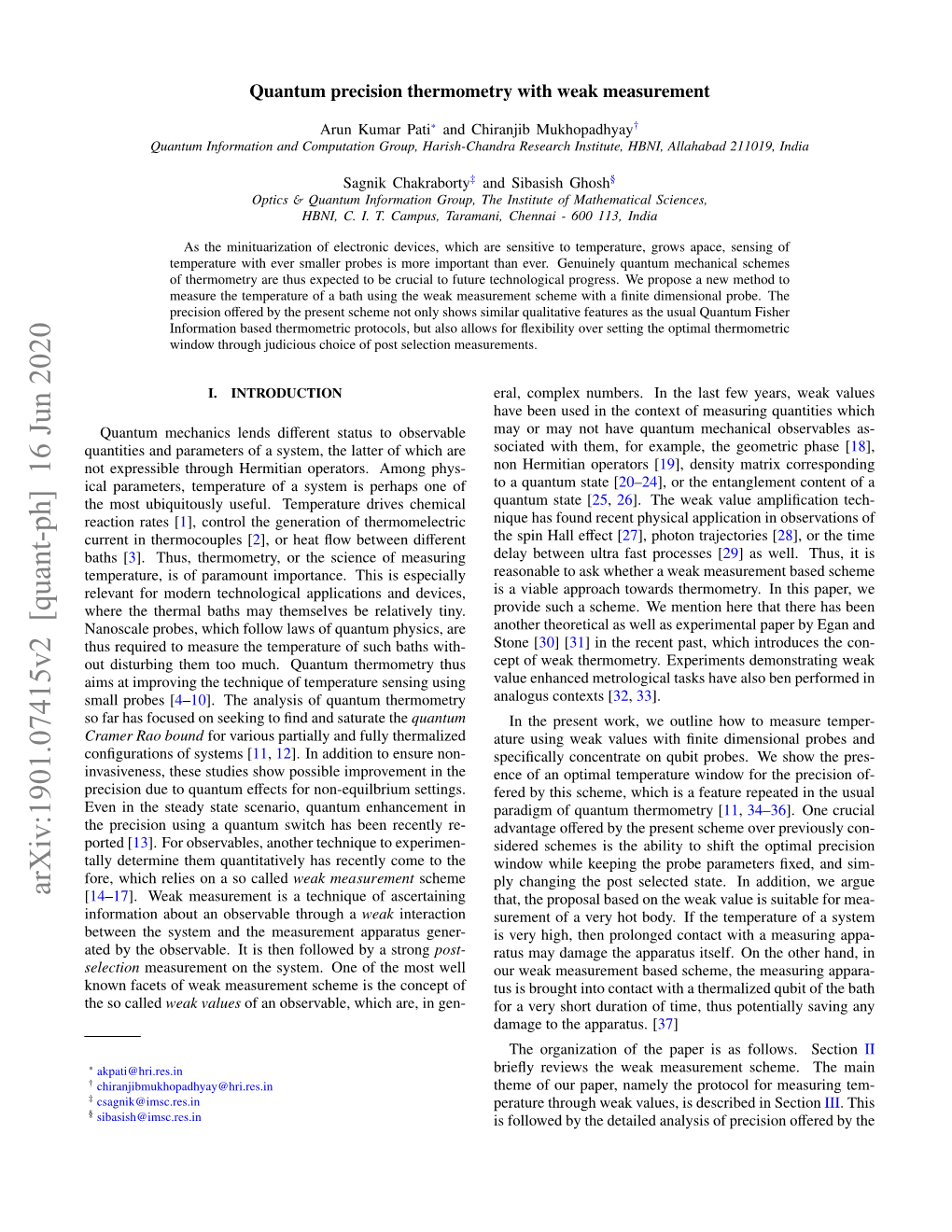 Quantum Precision Thermometry with Weak Measurement