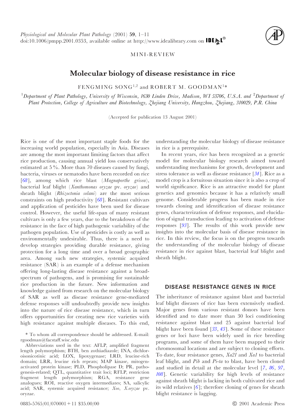 Molecular Biology of Disease Resistance in Rice