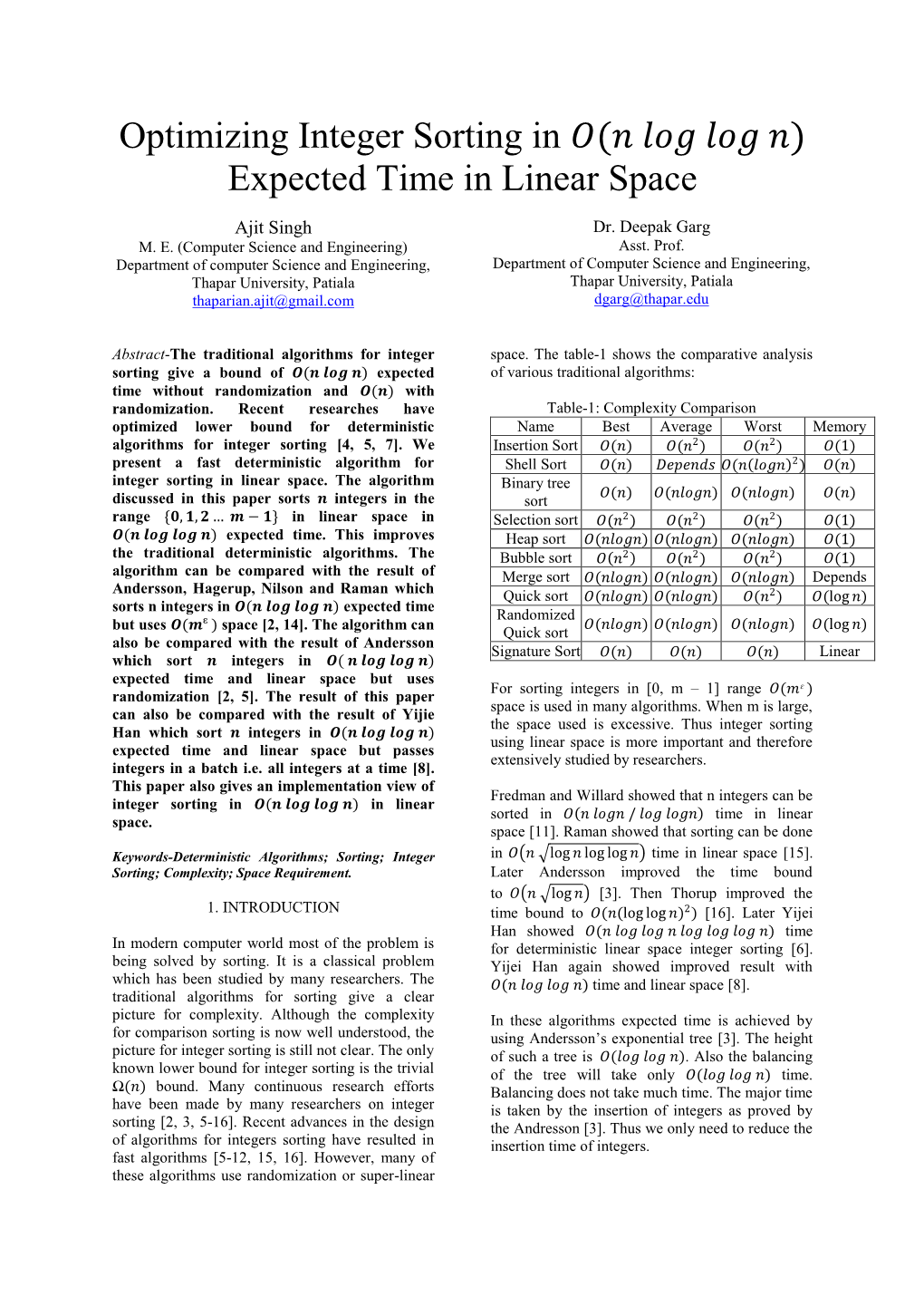 Optimizing Integer Sorting in O(N Log Log N) Expected Time in Linear Space