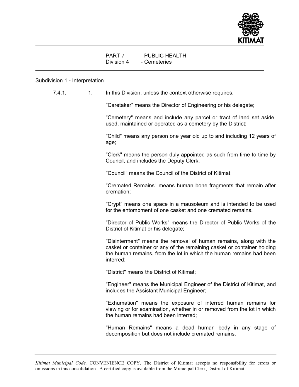 PART 7 - PUBLIC HEALTH Division 4 - Cemeteries