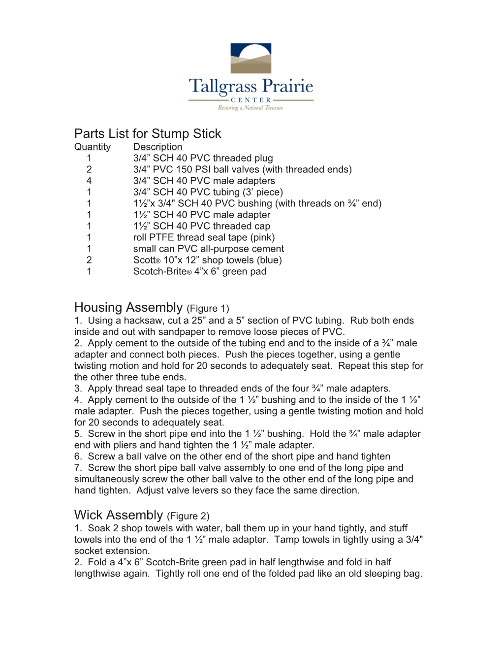 Parts List for Stump Stick