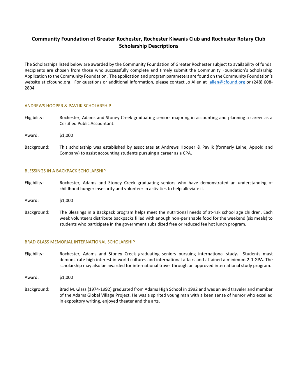 Community Foundation of Greater Rochester, Rochester Kiwanis Club and Rochester Rotary Club Scholarship Descriptions