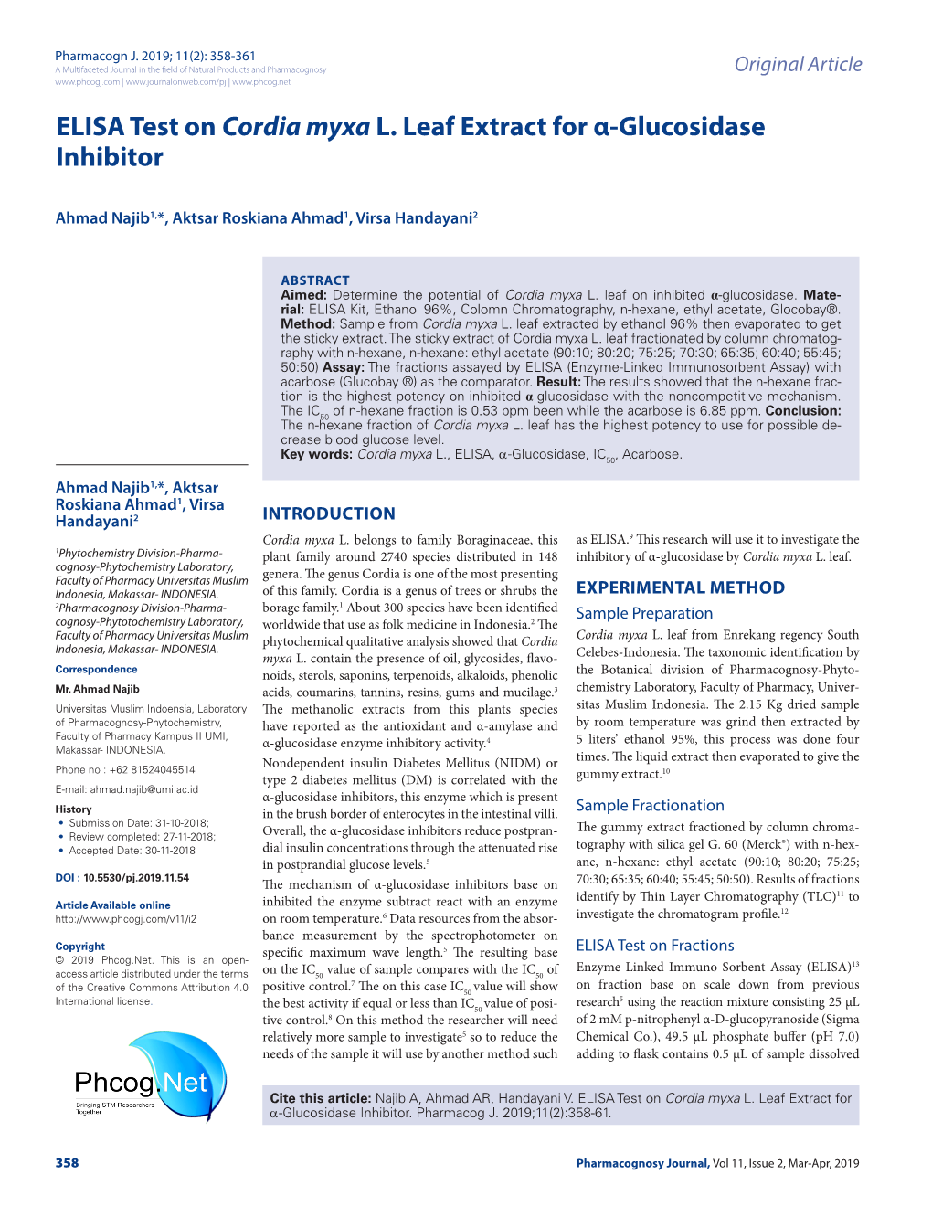 ELISA Test on Cordia Myxa L. Leaf Extract for Α-Glucosidase Inhibitor