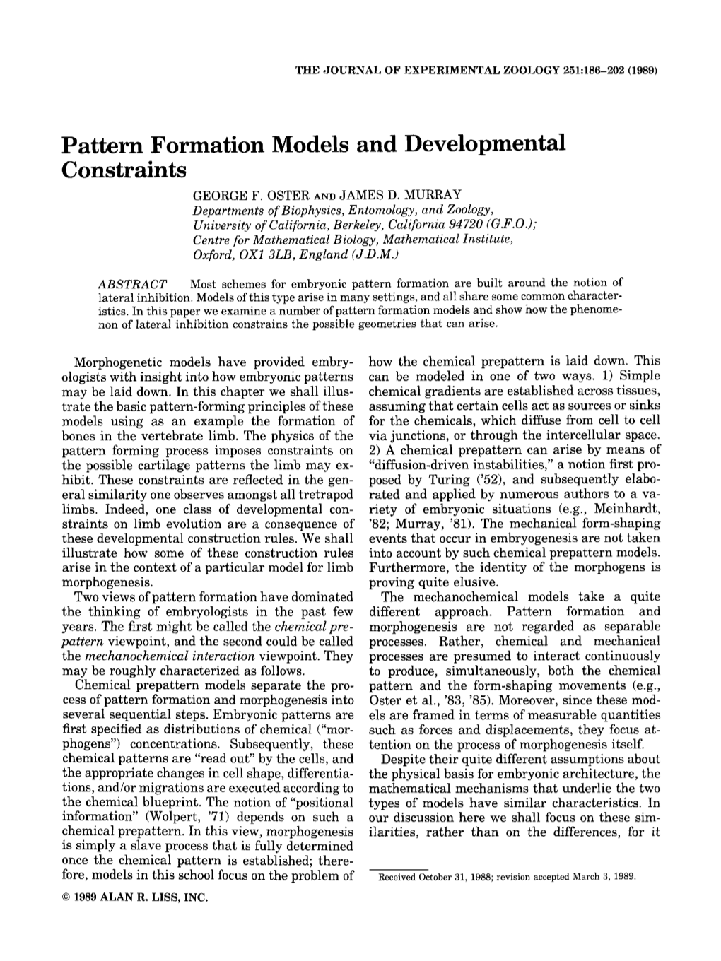 Pattern Formation Models and Developmental Constraints GEORGE F