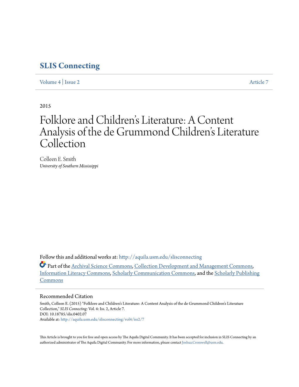 A Content Analysis of the De Grummond Children's Literature