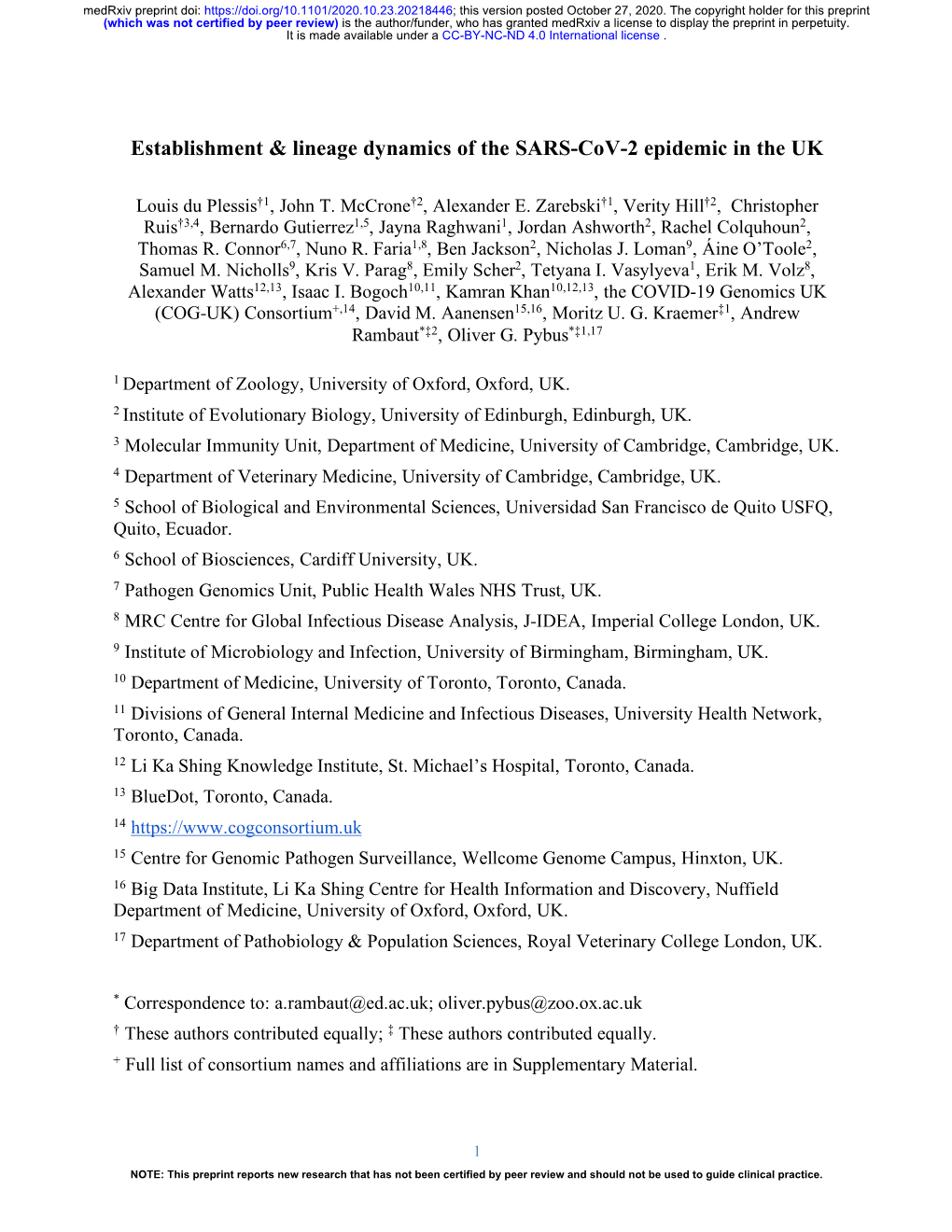 Establishment & Lineage Dynamics of the SARS-Cov-2 Epidemic in the UK