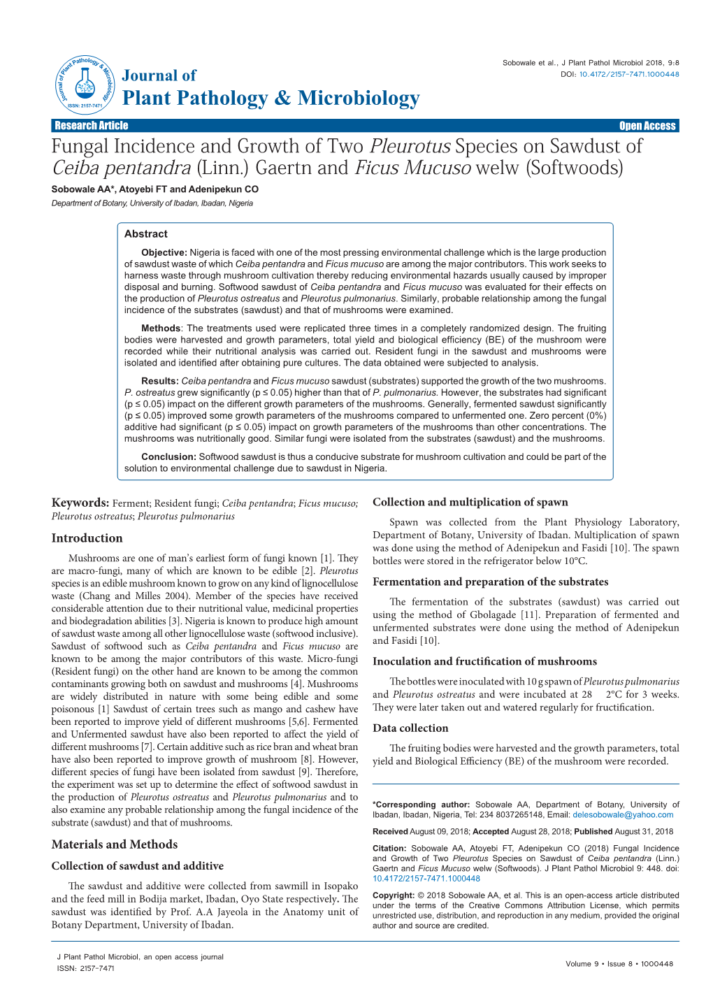 Fungal Incidence and Growth of Two Pleurotus