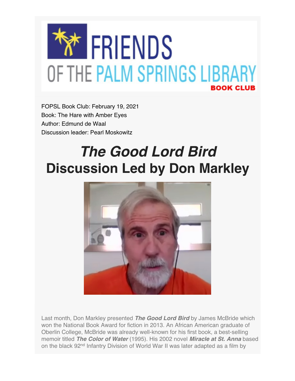 The Good Lord Bird Discussion Led by Don Markley