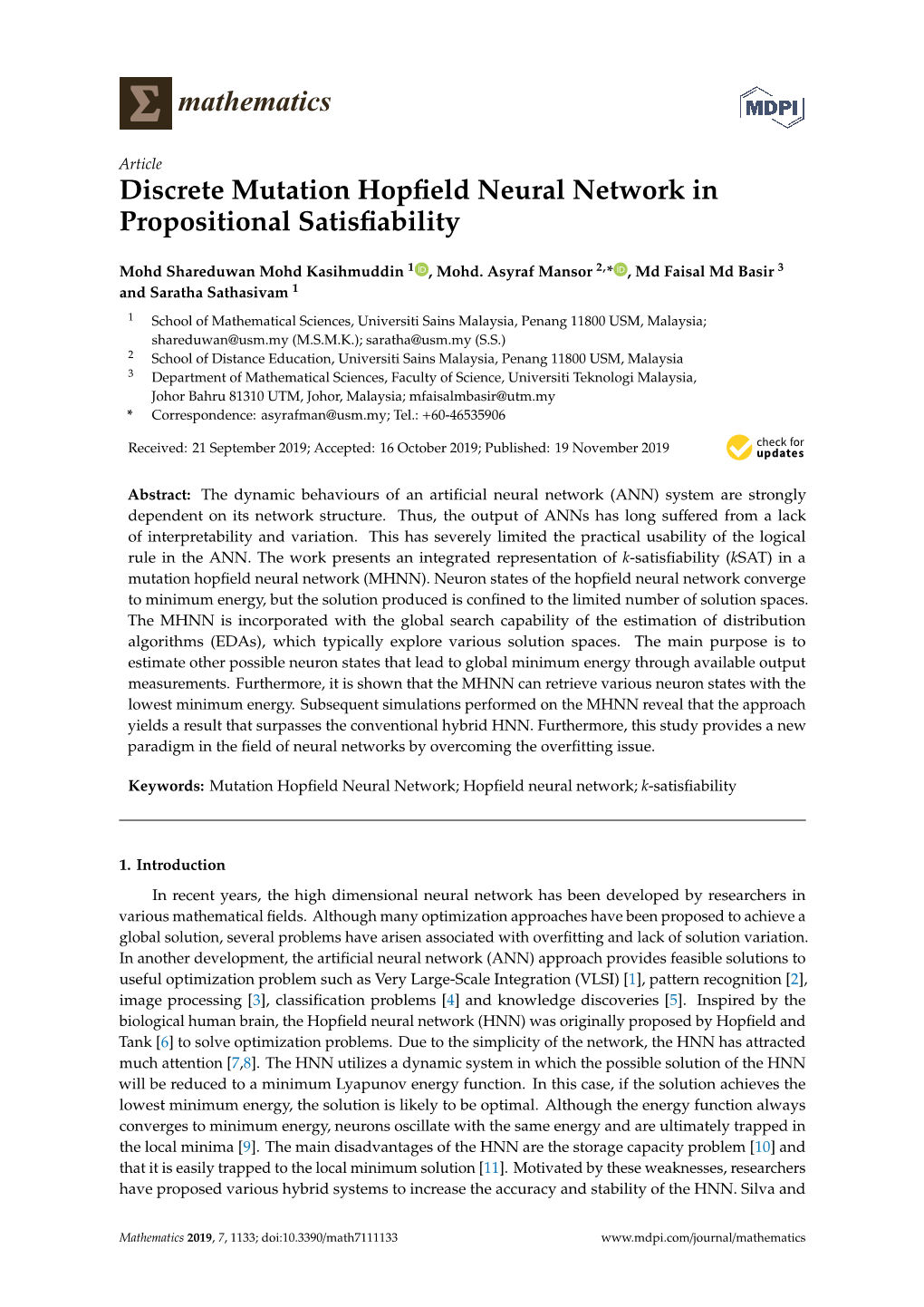 Discrete Mutation Hopfield Neural Network in Propositional Satisfiability