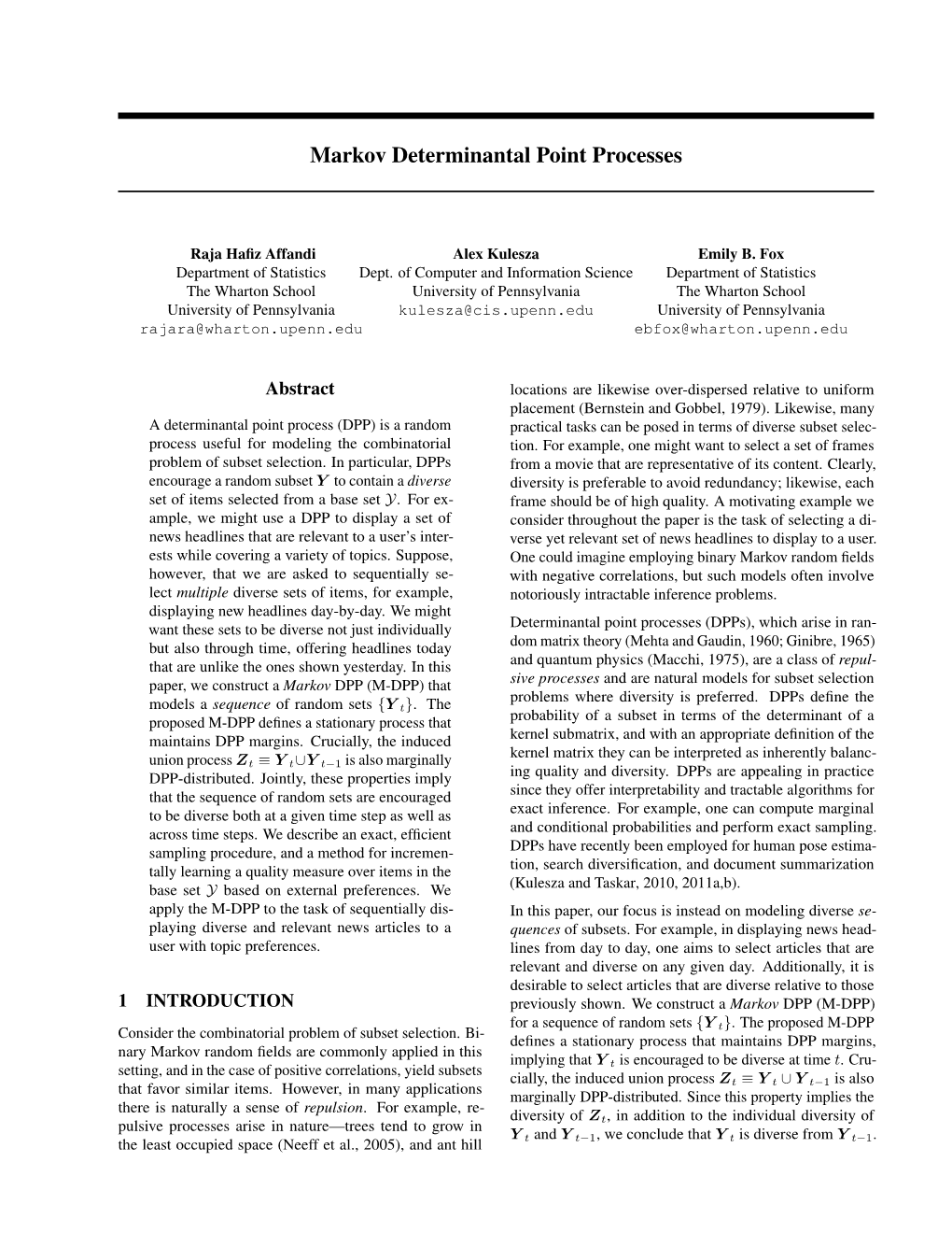 Markov Determinantal Point Processes