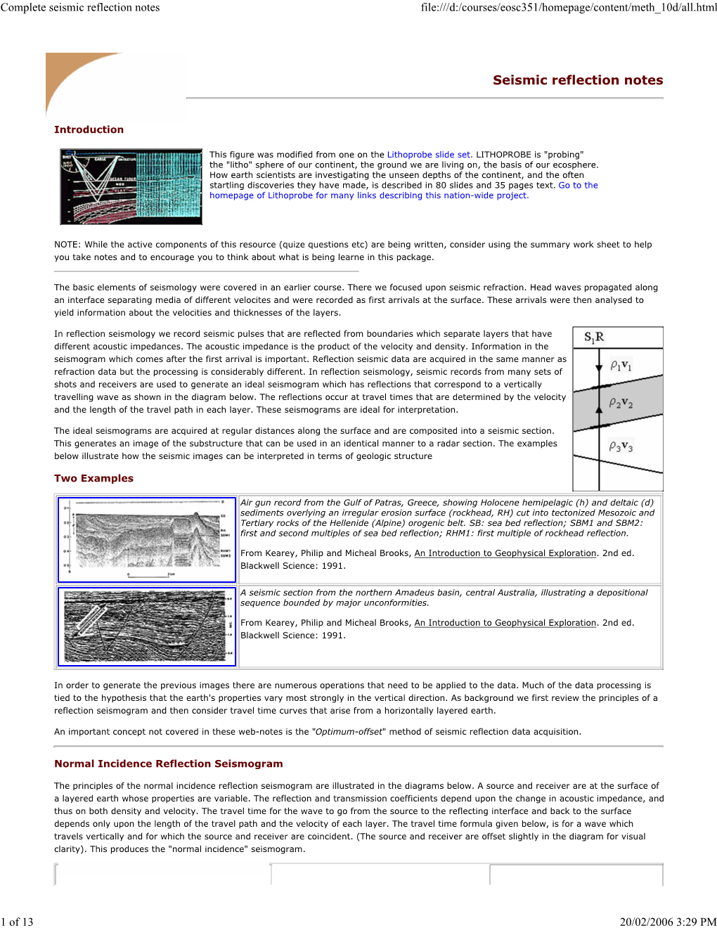 Complete Seismic Reflection Notes File:///D:/Courses/Eosc351/Homepage/Content/Meth 10D/All.Html