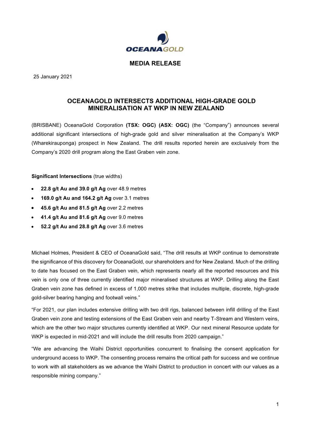 Media Release Oceanagold Intersects Additional High