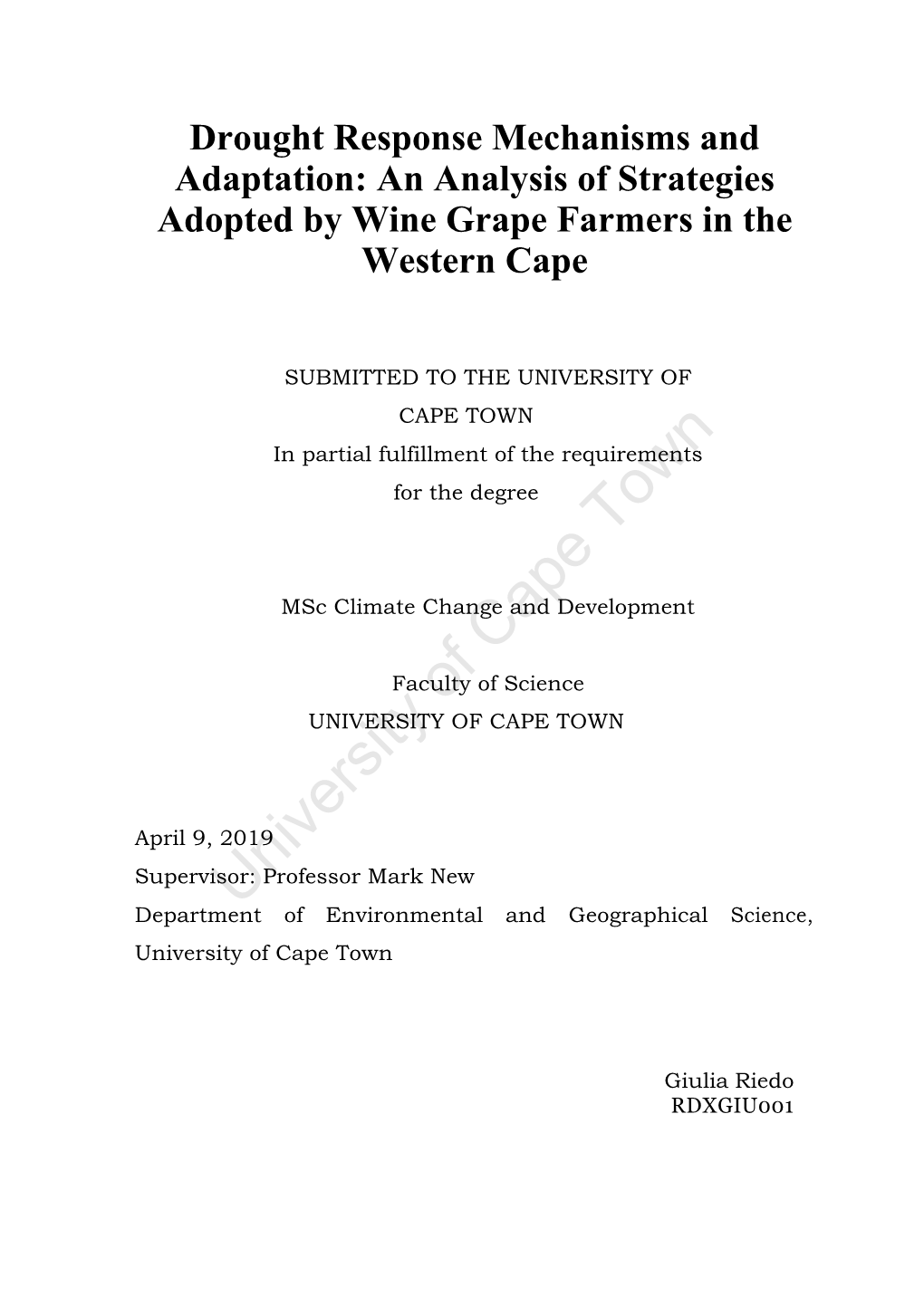 An Analysis of Strategies Adopted by Wine Grape Farmers in the Western Cape