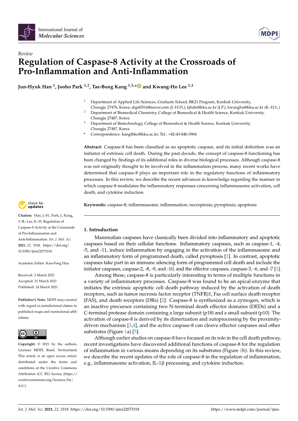 Regulation of Caspase-8 Activity at the Crossroads of Pro-Inflammation