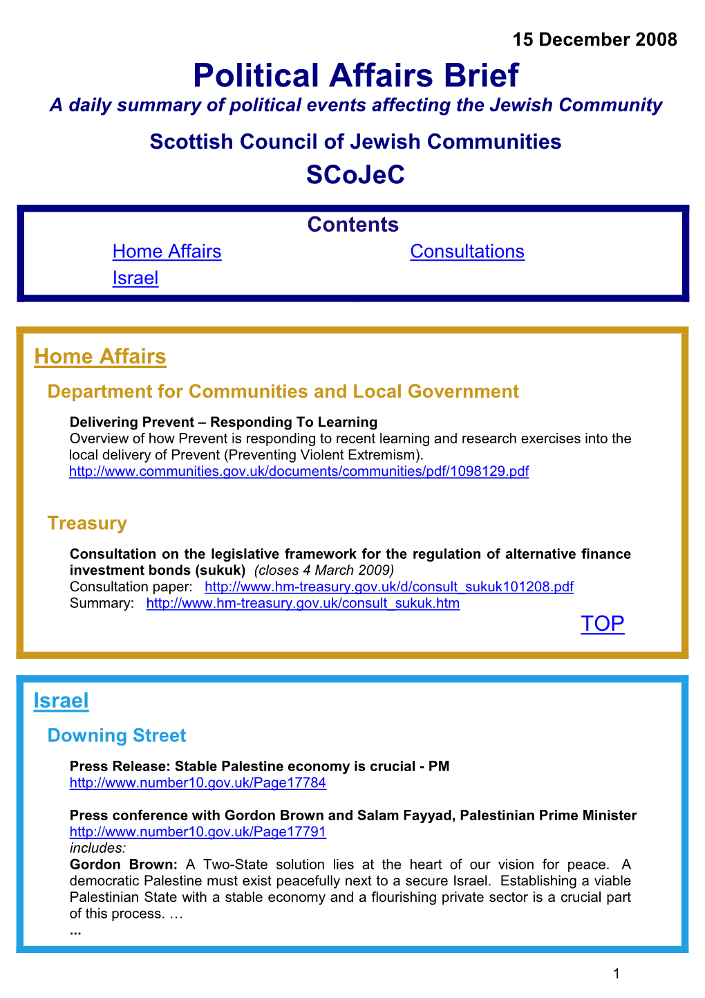 Political Affairs Brief a Daily Summary of Political Events Affecting the Jewish Community