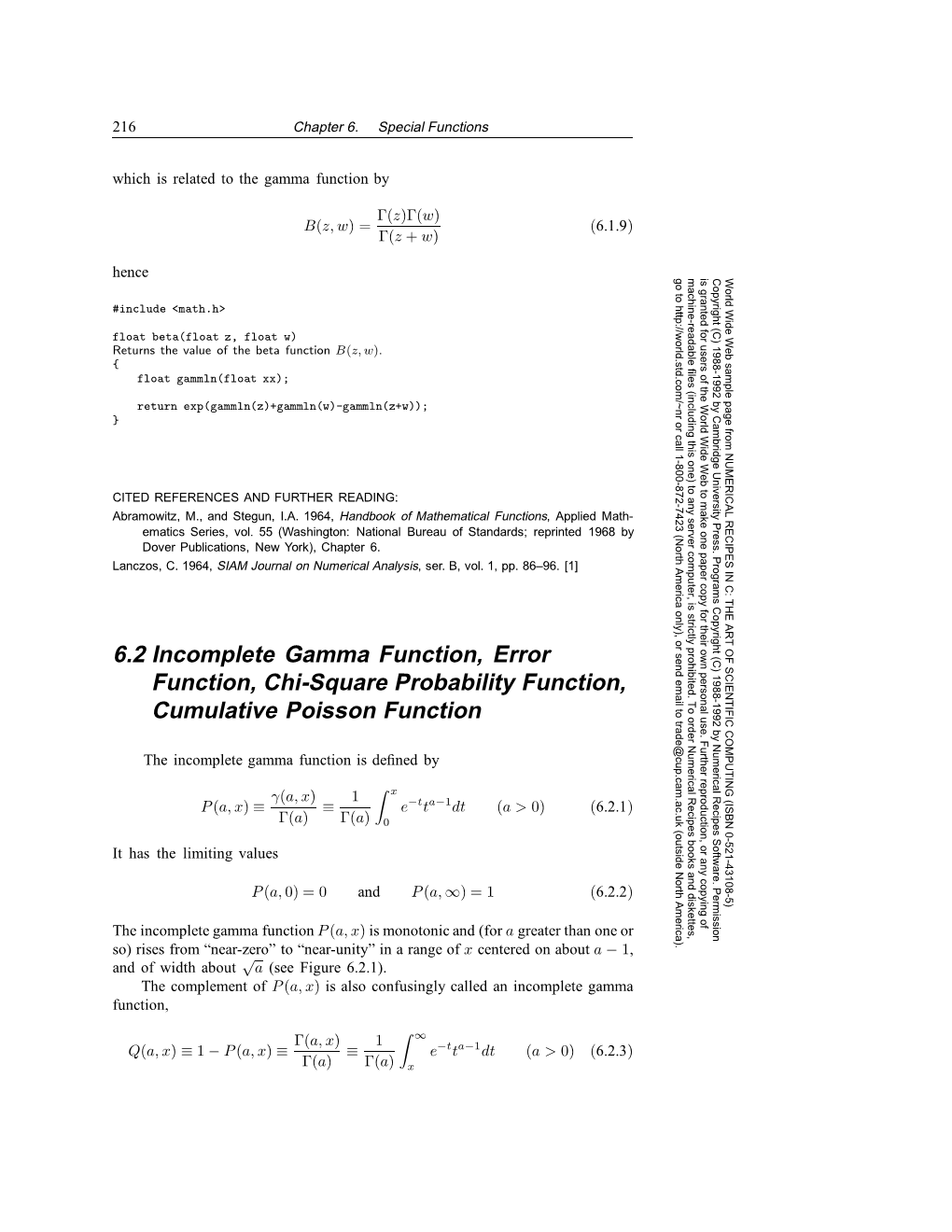 6.2 Incomplete Gamma Function, Error Function, Chi-Square Probability Function, Cumulative Poisson Function