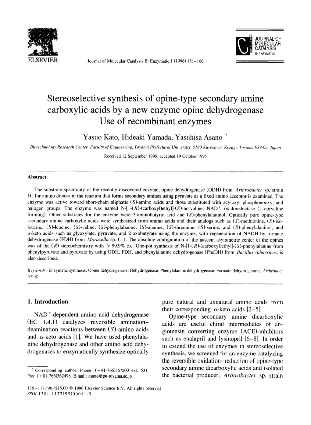 Stereoselective Synthesis of Opine-Type Secondary Amine Carboxylic Acids by a New Enzyme Opine Dehydrogenase Use of Recombinant Enzymes