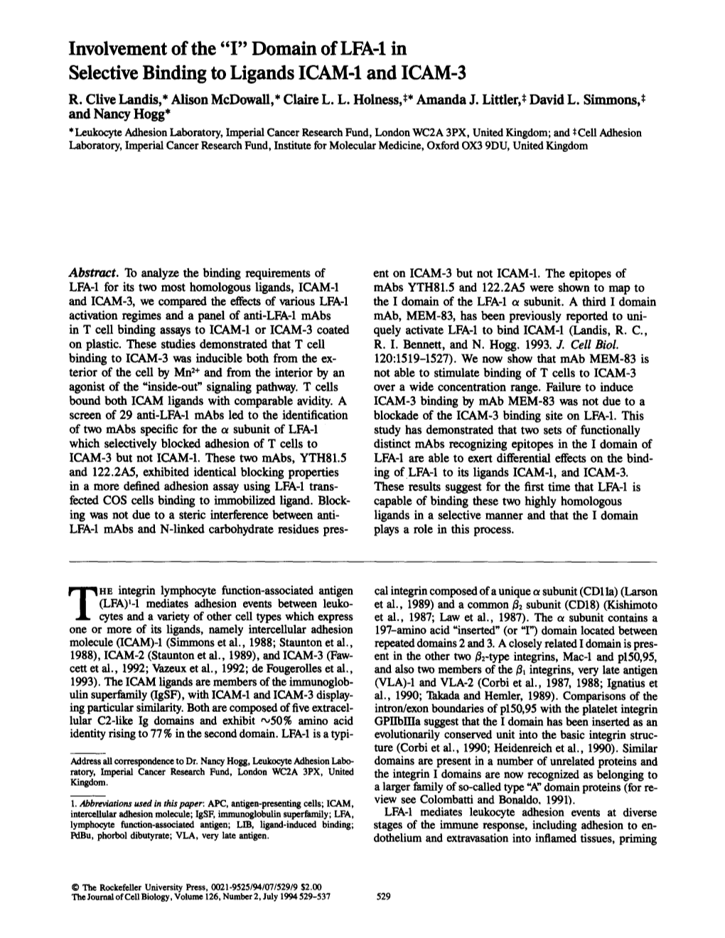 'T' Domain of LFA-1 in Selective Binding to Ligands ICAM-1 and ICAM-3 R