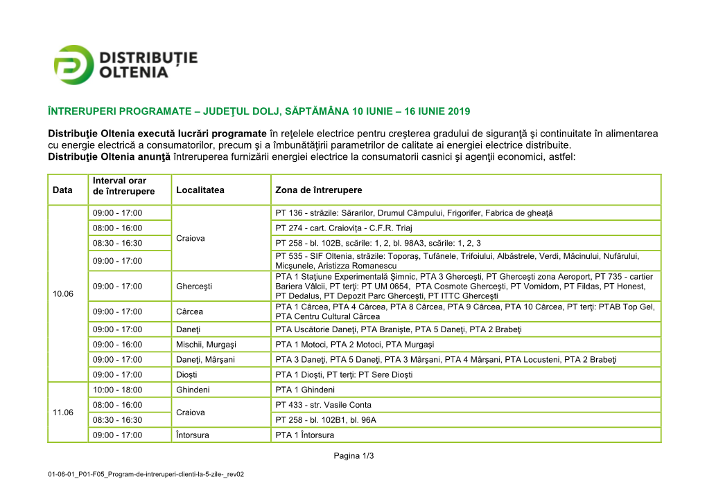 Dolj, Săptămâna 10 Iunie – 16 Iunie 2019