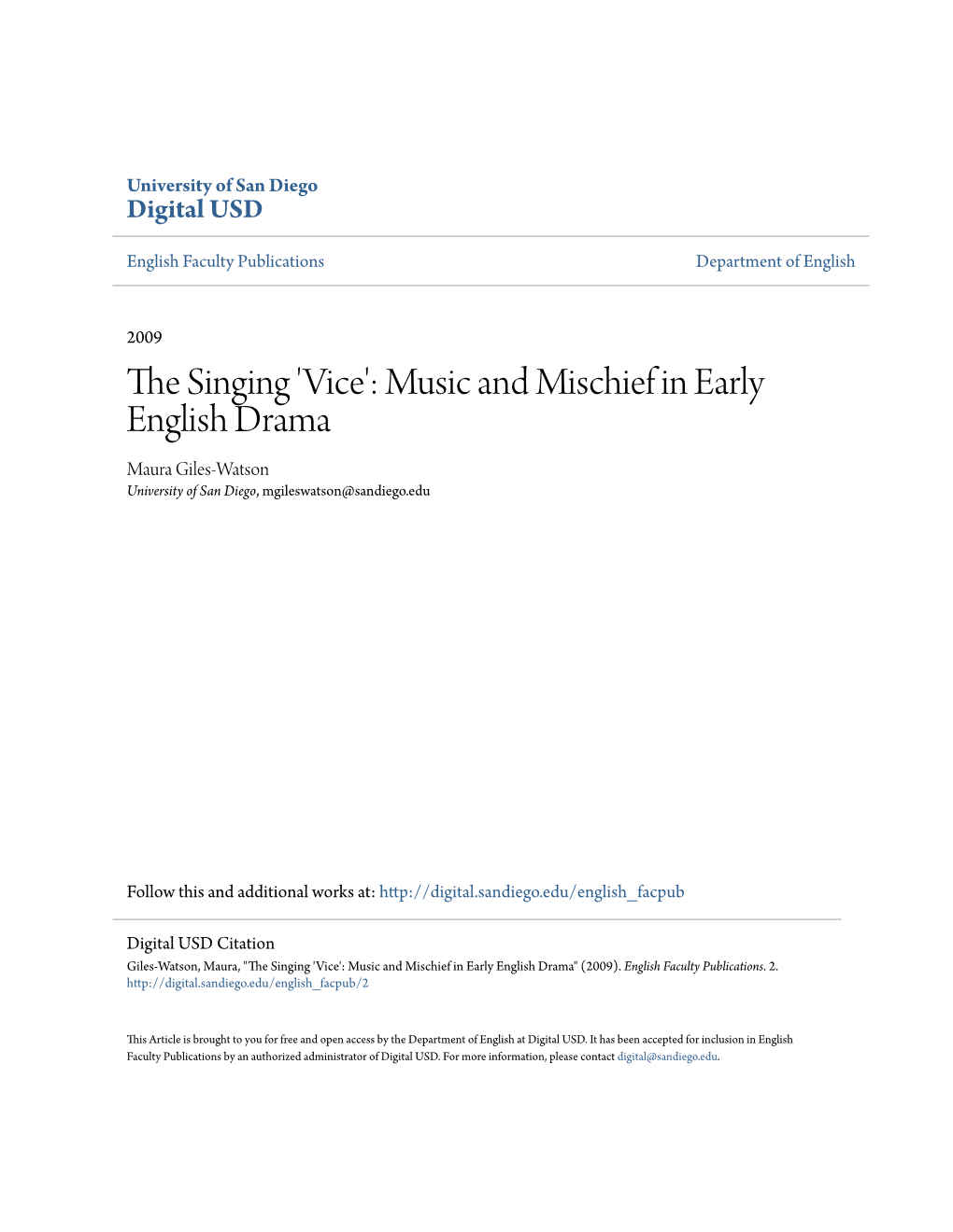 Vice': Music and Mischief in Early English Drama Maura Giles-Watson University of San Diego, Mgileswatson@Sandiego.Edu