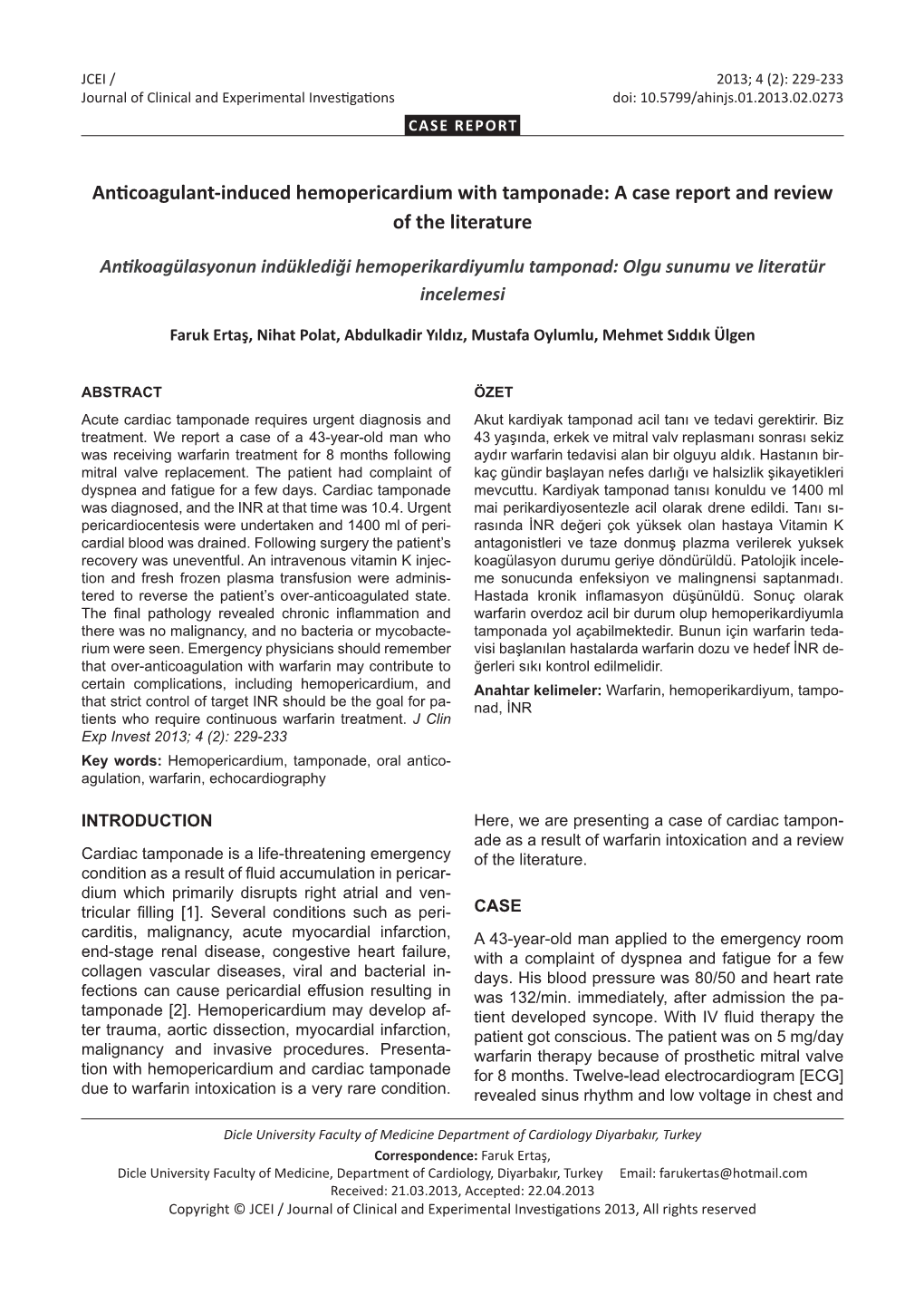 Anticoagulant-Induced Hemopericardium with Tamponade: a Case Report and Review of the Literature