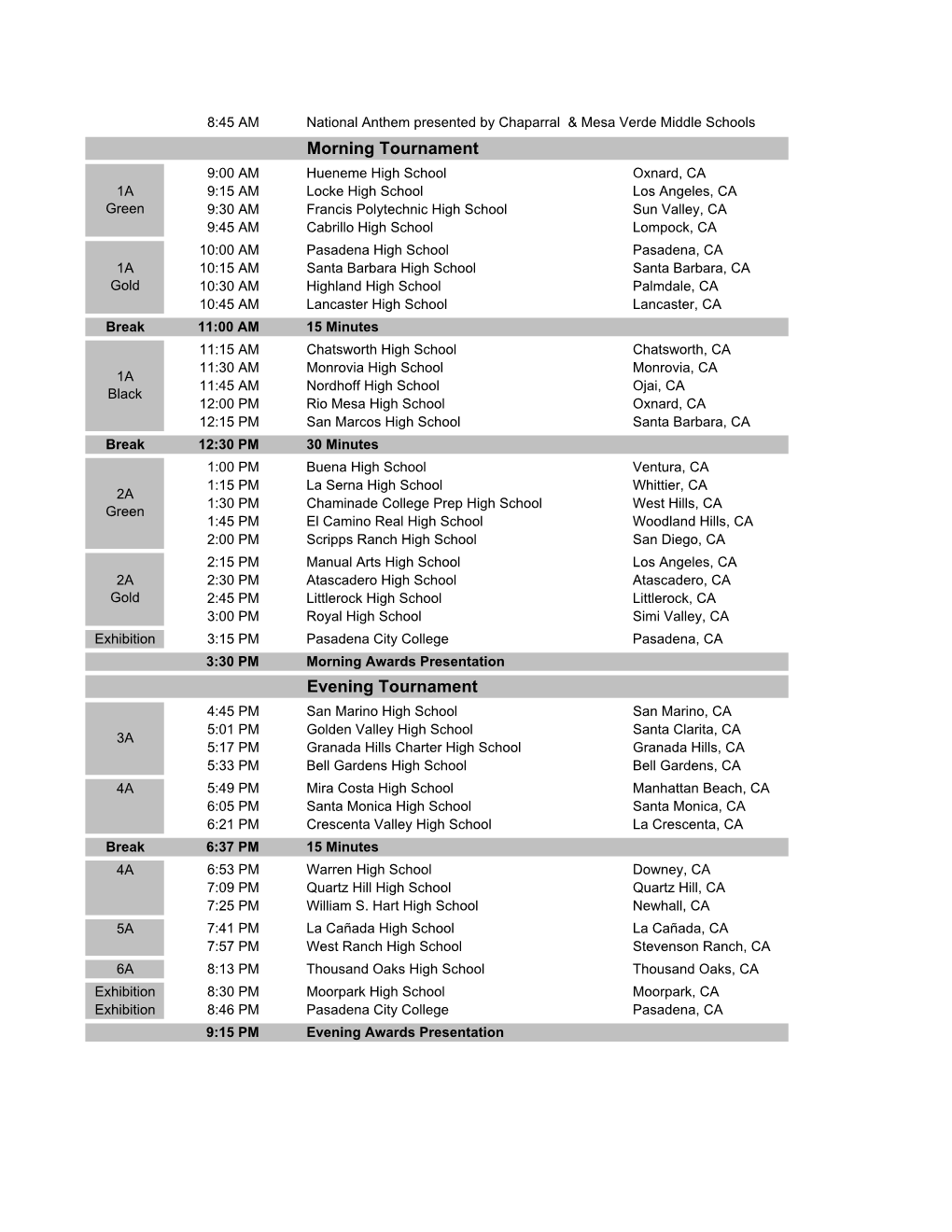 Morning Tournament Evening Tournament