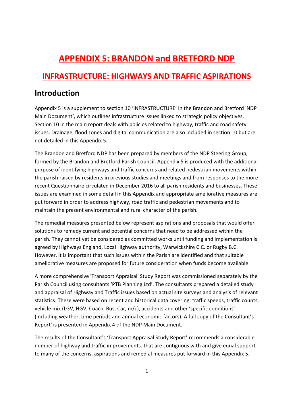 APPENDIX 5: BRANDON and BRETFORD NDP INFRASTRUCTURE: HIGHWAYS and TRAFFIC ASPIRATIONS Introduction